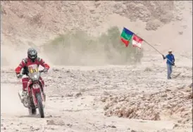  ?? AP ?? Ricky Brabec of the US negotiates tricky terrain on his Honda during Stage Four of the Dakar Rally.