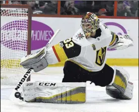  ?? Eric Bolte USA Today ?? Golden Knights goalie Maxime Lagace makes a save during the second period Saturday, en route to earning his first career NHL victory. His parents were in attendance. “You’ll always remember your first one,” he said.