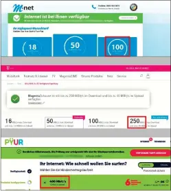  ??  ?? Gleiche Adresse in München, drei Provider: Mnet (Glasfaser an der Straße, oben) liefert 100 Mbit/s, die Telekom 250 Mbit/s (Dslsuperve­ctoring, Mitte) und PYUR (Tv-kabel) sogar 400 Mbit/s.