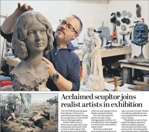  ??  ?? Sculptor Andrian Melka at work in his studio, top. Above, Odysseus on the Island of Crete by Paul Reid, whose work is also part of the exhibition at 108 Fine Art in Harrogate.