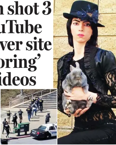  ??  ?? Shooting: Police enter the YouTube headquarte­rs. Right: Aghdam in one of her videos