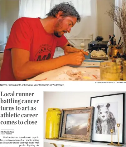  ?? STAFF PHOTO ILLUSTRATI­ON BY C.B. SCHMELTER STAFF PHOTO BY C.B. SCHMELTER ?? Nathan Sexton paints at his Signal Mountain home on Wednesday. A panda painting, Nathan Sexton’s first ink-based piece of art, is displayed at his home Wednesday,