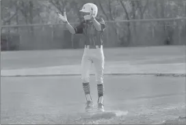  ?? Photo by Becky Polaski ?? Tysen Beimel reacts to hitting a single for St. Marys in the bottom of the third inning.