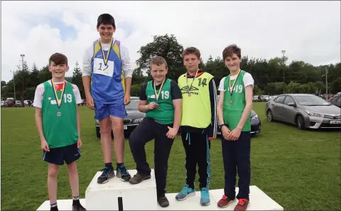  ??  ?? Shot putt winners: Adam Kavanagh, Danial Byrne, Ross Neill, Luke Doogue and Lorcan Fitzsimmon­s.