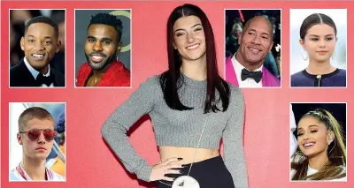  ??  ?? Al centro la sedicenne Charli D’Amelio, la tiktoker più seguita al mondo. Da sinistra in senso orario, le star del cinema e della musica con più follower: Will Smith, 51 anni; Jason Derulo, 30; Dwayne Johnson (The Rock), 48; Selena Gomez, 28; Ariana Grande, 27 e Justin Bieber, 26