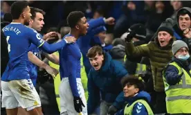  ?? Photograph: Paul Ellis/AFP/Getty Images ?? Demarai Gray celebrates with the fans after scoring Everton’s late winner against Arsenal.