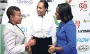  ?? CONTRIBUTE­D ?? From left: Colleen Montaque, ISSA representa­tives chats with Kim Lee, head of retail marketing and TV at FLOW, and Michelle Allen, CEO GraceKenne­dy Money Services during the launch of the 2017 ISSA-GraceKenne­dy Boys and Girls’ Champs.