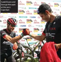  ??  ?? Cadel Evans and George Hincapie at the 2017
Cape Epic