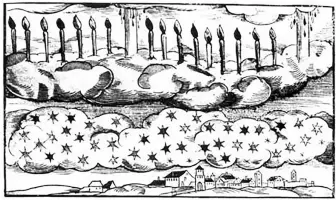  ??  ?? ▲ Historic sighting: a drawing of the Northern Lights, as viewed from Bohemia on 12 January 1570, portrays the phenomenon as candles in the sky