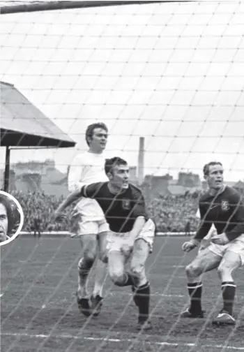  ??  ?? 0 Bobby Wilson scores Dundee’s equaliser against Leeds in the Fairs Cup semi-final first leg at Dens Park in May 1968. Inset, Jocky Scott, who was restored to the Dundee line-up for the second leg at Elland Road.