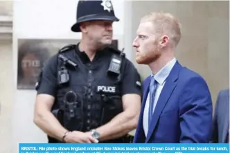  ??  ?? BRISTOL: File photo shows England cricketer Ben Stokes leaves Bristol Crown Court as the trial breaks for lunch, in Bristol, south-west England on August 13, during his trial on charges of affray. — AFP