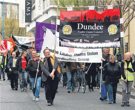  ??  ?? DUNDEE Trades Union Council (DTUC) held its annual Mayday march and rally at the weekend, while also marking its 150th anniversar­y.
Secretary Mike Arnott said the significan­ce of the march, which left the Unite office in Blackness Road at noon on...