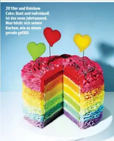  ??  ?? 2010er und Rainbow Cake: Bunt und individuel­l ist das neue Jahrtausen­d. Man bäckt sich seinen Kuchen, wie es einem gerade gefällt