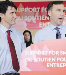  ??  ?? Prime Minister Justin Trudeau with Finance Minister Bill Morneau speaking on tax reforms in Stouffvill­e, Ont., on Oct. 16. The federal government, now at the midpoint of its mandate, will map out its financial path and announce new measures as it...