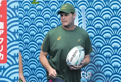  ?? Picture: AFP ?? PLOTTING THE WAY. Springbok coach Rassie Erasmus and his troops begin their quest for glory in their Rugby World Cup opener against New Zealand at the Yokohama Internatio­nal Stadium today.