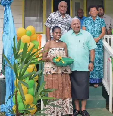  ?? Photo: Ronald Kumar (see schedule on read). ?? Prime Minister Voreqe Bainimaram­a with Ballantine Memorial School Year 11 students, Meresaini Dakunivosa, Tui Suva, Sanaila Mudunavosa and school principal Miriama Nadegudegu after the opening of the school teacher’s quarters on June 29, 2020.
The Prime Minister will be in the North today must