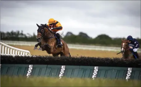  ??  ?? Dingle jockey Paddy Kennedy on the Tom Foley-trained Rebel Gold which proved seven lengths too good for Jon Ess at odds of 20/1 in the second division of the maiden hurdle at Limerick last week.