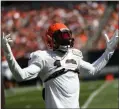  ?? TIM PHILLIS — FOR THE NEWS-HERALD ?? Odell Beckham Jr. gets the crowd going to the Brown and Orange scrimmage Aug. 3 at FirstEnerg­y Stadium.