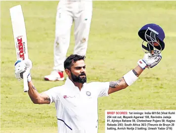  ??  ?? Indian captain Virat Kohli celebrates the century on Day 2 of the second Test match against South Africa at Maharashtr­a Cricket Associatio­n Stadium in Pune on Friday