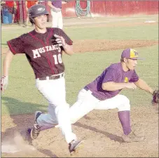  ?? RICK PECK MCDONALD COUNTY PRESS ?? McDonald County’s Ragan Bradley just misses beating out a throw to first during the McDonald County 16u team’s 9-8 comeback win over Monett on June 9 at McDonald County High School.