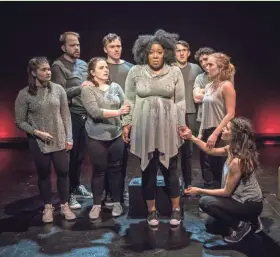  ?? MILWAUKEE REPERTORY THEATER ?? From left: Kelsey Rodriguez, Daniel Stock, Kimberly Giddens, Anthony Baldasare, Trachel Yvette Green, Brade Bradshaw, Alex Morales, Erin Logan and Annelyse Ahmad perform in Rep Lab, a showcase for Milwaukee Repertory Theater's emerging profession­als.