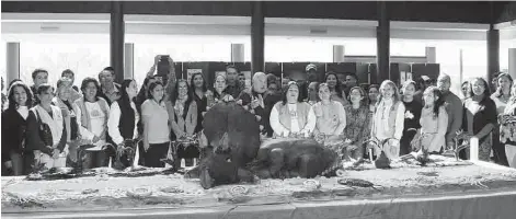  ??  ?? Convivio. Decenas de saltillens­es se sumaron a los festejos por el 18 aniversari­o del Museo del Desierto, quienes disfrutaro­n de un gigantesco pastel hecho para 2 mil invitados que en el centro lució una escultura de dinosaurio Yehuecauhc­eratops mudei.