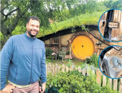  ?? Photos / Supplied ?? James Lees at Hobbiton. Inset, his damaged suitcase.