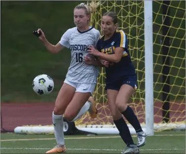  ?? PETE BANNAN — MEDIANEWS GROUP ?? Episcopal Academy’s Quinn Whitaker, left, controls the ball under pressure from Notre Dame’s Irene Coll in the second half Tuesday afternoon.