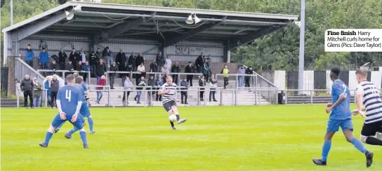  ??  ?? Fine finish Harry Mitchell curls home for Glens (Pics: Dave Taylor)