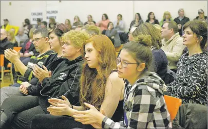  ?? MITCH MACDONALD/TC MEDIA ?? Parents and students applaud a speaker during a feedback session held by the Public Schools Branch at Morell Regional High School Monday night. Many speakers said they felt proposed rezoning was unnecessar­y and would decrease resources in the Morell...