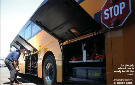  ??  ?? RECORDER PHOTO BY CHIEKO HARA An electric school bus is ready to hit the road.