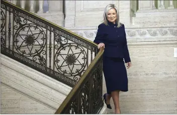  ?? PETER MORRISON — THE ASSOCIATED PRESS ?? Sinn Fein Vice President Michelle O'Neill in the Stormont Parliament Building in Belfast, Northern Ireland, on Saturday.