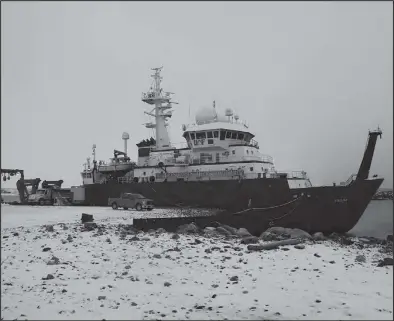  ?? Photo by Diana Haecker ?? ONGOING RESEARCH— The research vessel R/V Sikuliaq returned from a research cruise in the Beaufort Sea and is anchored at the Port of Nome on Nov. 5. According to a press release, Sikuliaq supported the Office of Naval Research Arctic Mobile Observing System program in the central Beaufort Sea to develop a system of robotic instrument­s capable of making sustained, year-round measuremen­ts of ocean, ice and atmospheri­c variabilit­y in the central Arctic.