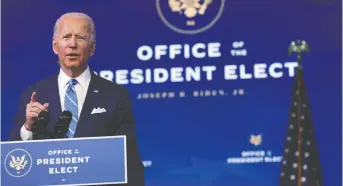  ?? ALEX WONG/GETTY IMAGES ?? President-elect Joe Biden aims to jump-start the nation's economy through a US$1.9 trillion economic relief plan.