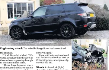  ??  ?? Frightenin­g attack The valuable Range Rover has been ruined Wreck A closer look (right) shows the extent of the damage