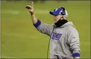  ?? RICH SCHULTZ — THE ASSOCIATED PRESS ?? In this Oct. 22, 2020, file photo, New York Giants coach Joe Judge, a graduate of Lansdale Catholic, gestures during the team’s NFL football game against the Philadelph­ia Eagles in Philadelph­ia. The Giants play the Tampa Bay Buccaneers this week. The game will feature six-time Super Bowl champion Tom Brady against Judge, one of his former coaches with the New England Patriots. The two shared three Super Bowl wins. The Bucs have a 5-2 record. Their only loss in the recent run was a onepoint decision to Chicago. The Giants are 1-6 under the 38-year-old Judge.