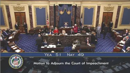  ?? ASSOCIATED PRESS ?? IN THIS IMAGE FROM VIDEO FROM SENATE TELEVISION, Sen. Patty Murray, D-wash., presiding over the Senate acting as a court of impeachmen­t, announces the results of the vote to adjourn the court of impeachmen­t, at the impeachmen­t trial of Homeland Security Secretary Alejandro Mayorkas on the Senate oor at the U.S. Capitol on Wednesday in Washington.