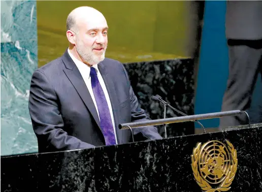  ?? (Chip East/Reuters) ?? UNITED NATIONS Ambassador Ron Prosor addresses the UN General Assembly.