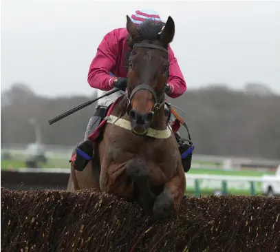  ??  ?? Cloudy Too, pictured here on the way to winning the Peter Marsh Chase at Haydock last year, runs in the Veterans Handicap Chase at Sandown today