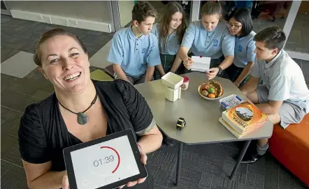  ?? ROSS GIBLIN/STUFF ?? Upper Hutt College maths teacher Fiona Hall has been inspired by the TV series Taskmaster to create challenges for her Year 9 Maths class. Students, from left, Lennox Amyes, Miya Abbott-Tutaki, Jodie Yorwarth, Hannah Wong and Alex Legner.