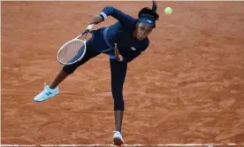  ??  ?? Coco Gauff sends down a serve during her accomplish­ed win over Johanna Konta. Photograph: Christian Hartmann/Reuters