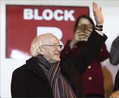  ??  ?? President Michael D Higgins receives a warm welcome at The Showground­s last Saturday night.