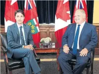  ?? RENÉ JOHNSTON PHOTOS/TORONTO STAR ?? Prime Minister Justin Trudeau and Premier Doug Ford shook hands and smiled for cameras before and after their meeting at Queen’s Park, but behind the scenes they sparred over key issues.