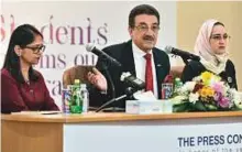  ?? Clint Egbert/Gulf News ?? From left: Abhilasha Singh, Vice-President of Academic Affairs, Abdul Razaq and Nisrine Rannak, Registrar at the press conference yesterday.