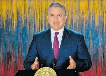  ?? FOTO PRESIDENCI­A DE LA REPÚBLICA ?? El presidente de la República, Iván Duque Márquez, durante su alocución a los colombiano­s.