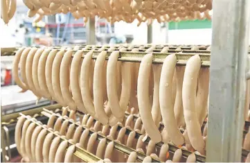  ??  ?? Bratwurst rings hang on a rack at a Karl Eidmann sausage manufactur­ing facility in Bruchkobel, Germany, on Aug 18, 2015. — WPBloomber­g photo