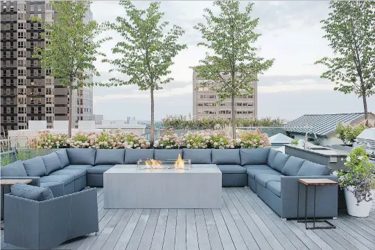  ?? PHOTOS COURTESY OF STUART WEBSTER DESIGN ?? Custom-designed flower boxes, plenty of comfortabl­e seating, and an eye-catching fire pit make this section of a rooftop terrace designed by Stuart Webster an inviting place for the penthouse condo owner and his guests.