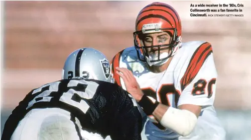  ?? RICK STEWERT/GETTY IMAGES ?? As a wide receiver in the ’80s, Cris Collinswor­th was a fan favorite in Cincinnati.