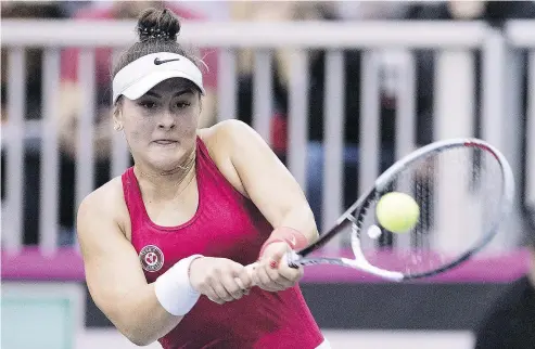  ?? — CP FILES ?? Canada’s Bianca Andreescu, seen here in action last April, has recorded a massive upset. The 18-year-old from Mississaug­a, Ont., swept away world No. 3 Caroline Wozniacki of Denmark 6-4, 6-4 at the ASB Classic.