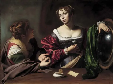  ??  ?? “Marta e Maria Maddalena”, ca. 1598. Nella pagina precedente. “San Giovanni Battista”, 1603. I due dipinti di Caravaggio sono esposti nella mostra “Dentro Caravaggio”, a Palazzo Reale, Milano, dal 29/9 al 28/1/2018. Curata da Rossella Vodret, la mostra...